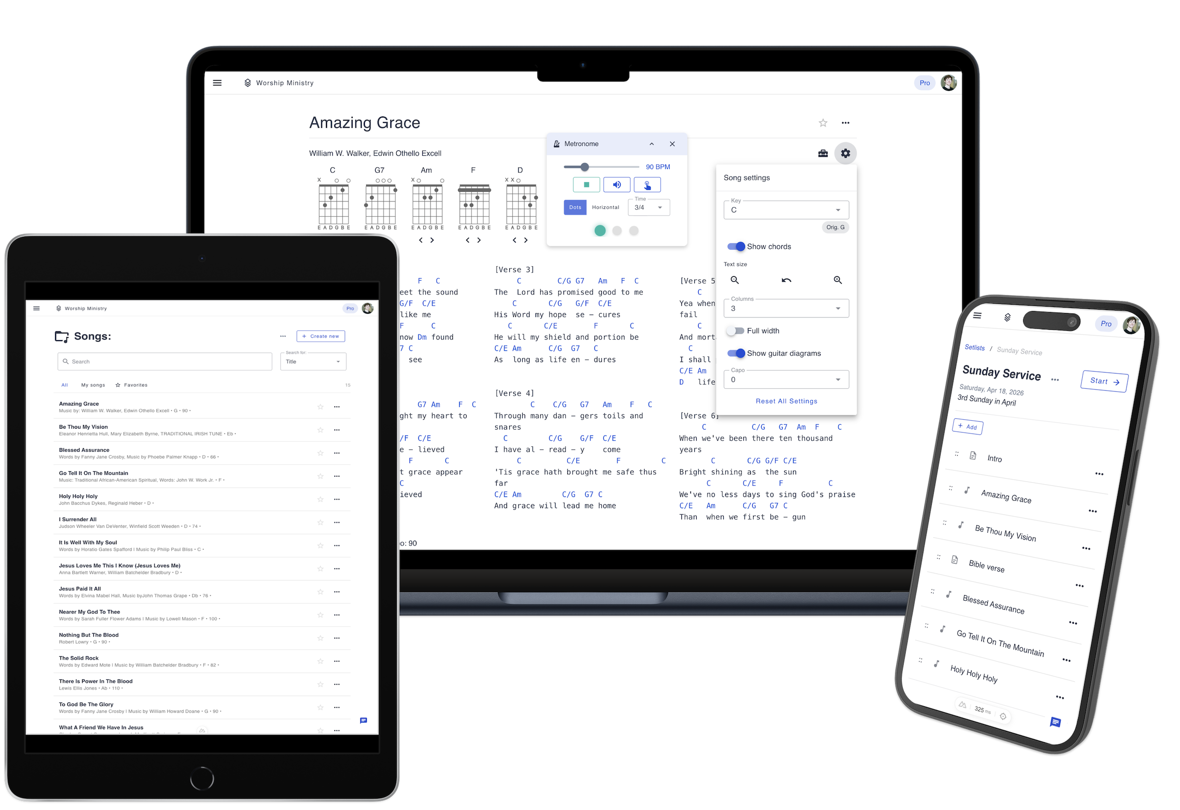 Song7 music app interface showing worship songs management, church music stand features, and digital setlist creation for worship teams